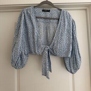 Blue Leopard Print Tie Front Crop Top | Puff Sleeve Blouse